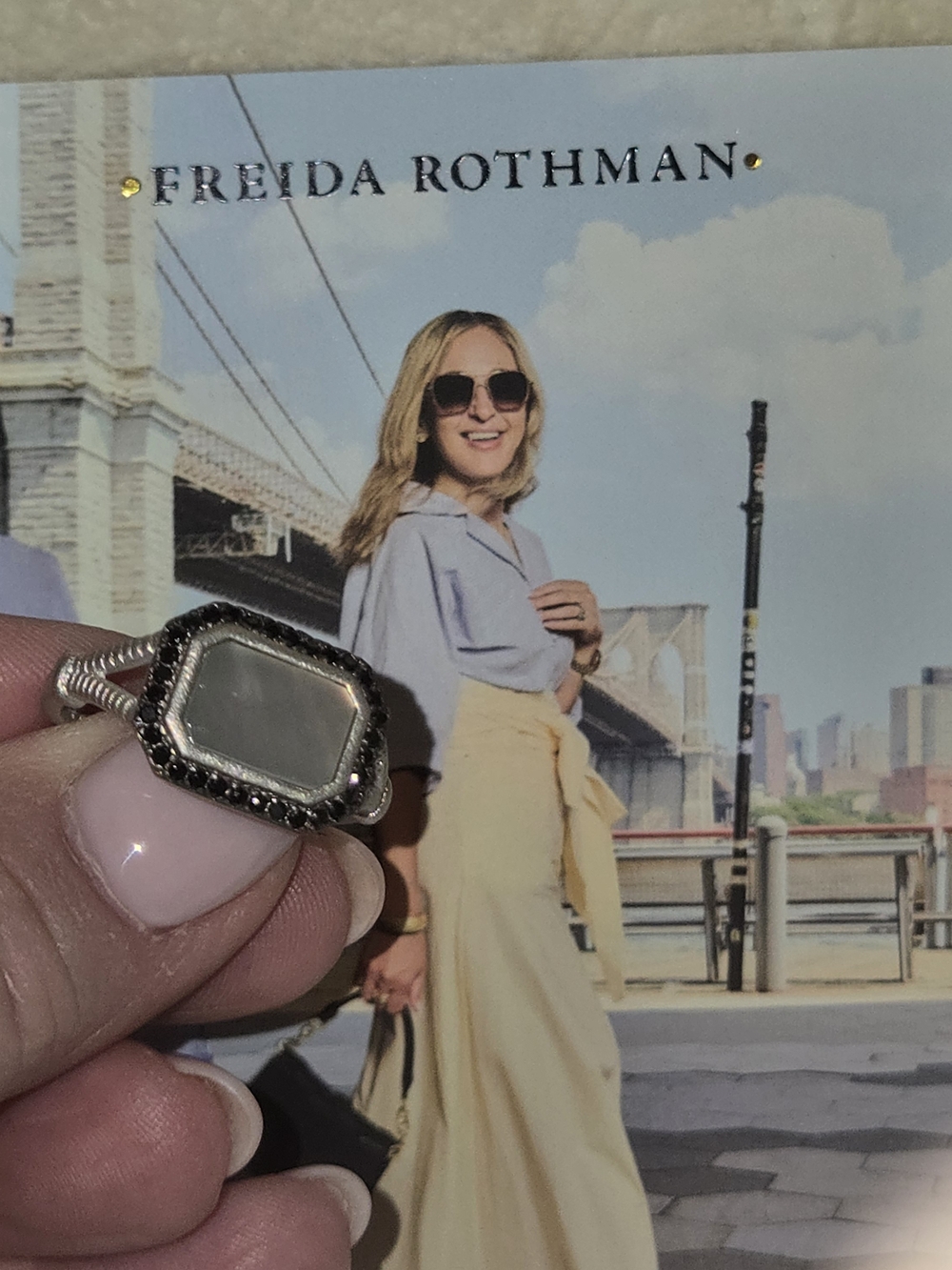 Freida Rothman FR 925 Black Spinel Mother of Pearl Ring Sterling Silver Sz 9